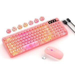 Pink Light Up Keyboard and Wireless,Cute 2.4Ghz Cordless Rechargeable Transpa...